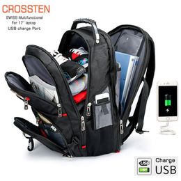 Backpacking Packs Crossten Durable Backpack d'ordinateur portable de 17 pouces 45L Sac de voyage Band Bookbag USB Charge Port Résistant à l'eau Swiss-Multifonctionnel 230412