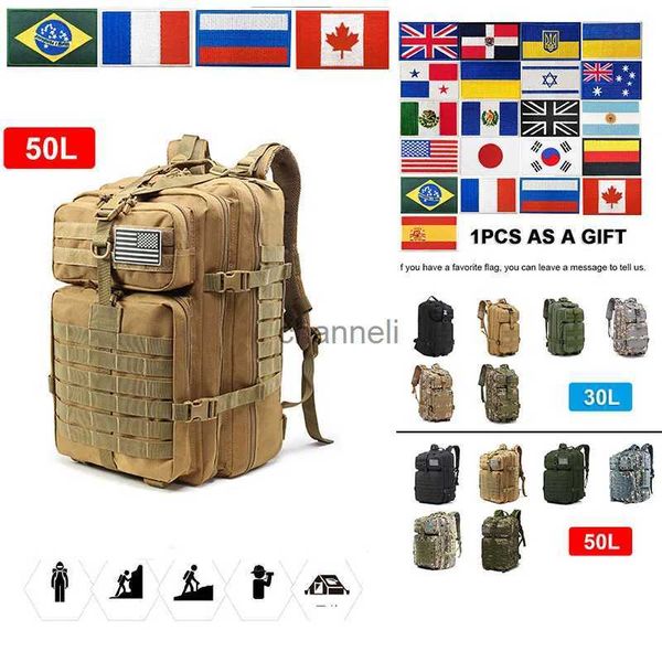 Paquetes de mochilero Mochila táctica Senderismo Bolsa de camping Deportes Trekking Escalada Bolsa 30L / 50L Mochila táctica del ejército para hombres con parche de bandera YQ231127