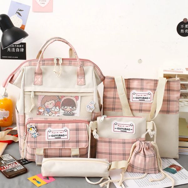 Backpacks 5 Set Women Backpack HARAJUKU Plaid School Sacs For Teenage Girls Boy College Student Kids Book Bagpack Rucksack New