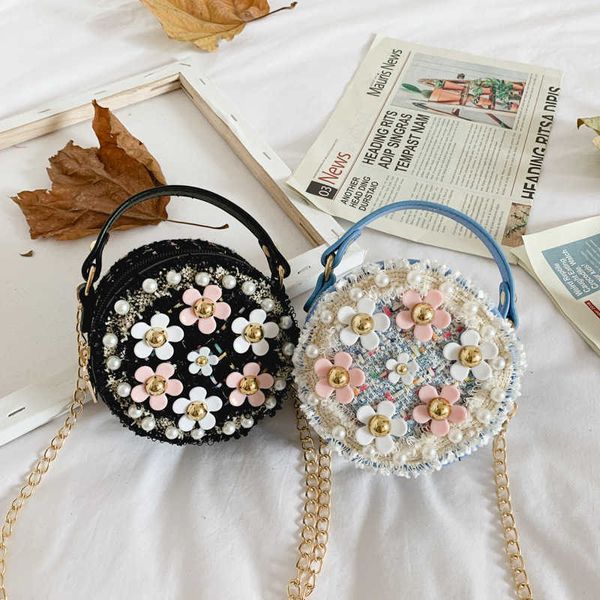 Mochilas Niños Pequeños Bolsos Redondos Bebé Decorativo Bolso De Hombro Chica Mini Bolso Creativo Tweed Flor Perla Niños Monedero Para Fiesta L220924