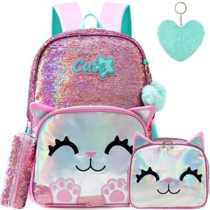 Cute Sequin Backpack for Girls, School Bookbag with Lunch Box and Pencil Case, Perfect for Elementary and Kindergarten Students