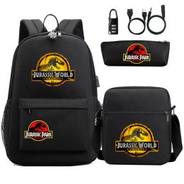 Sac à dos dinosaur jurassic Park world 3pcs USB Antitheft Lock Boy Girl pour enfants Sacs d'école de voyage Sac à dos sac à dos