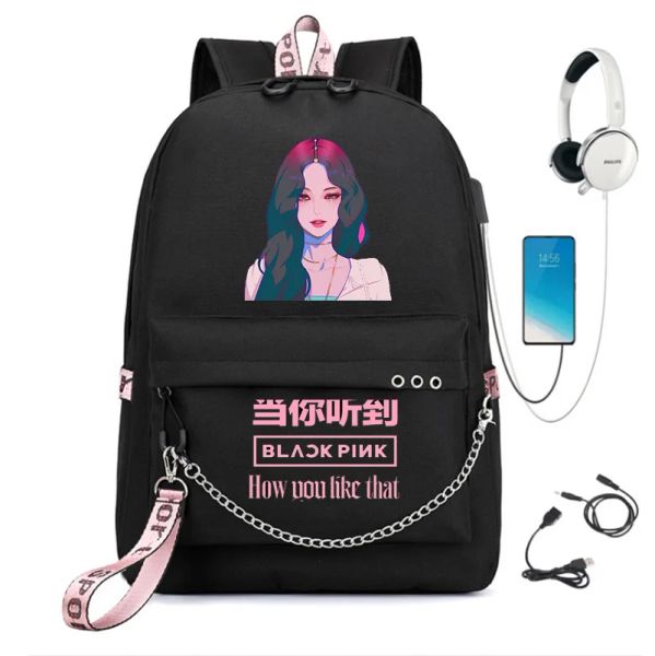 Sac à dos mode Black Sac à dos Pink Girls School Sacs de voyage Sacs de voyage ordinateur portable Backpack Coffre USB PORT