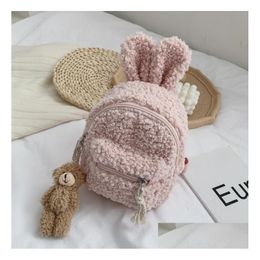 Sacs à dos Lovely Kids Toddler Plush Cartoon Backpack Cute Bunny Ear School Bag Winter Warm Fleece Daypack For Boys Girls 220318 Drop Dh2Il