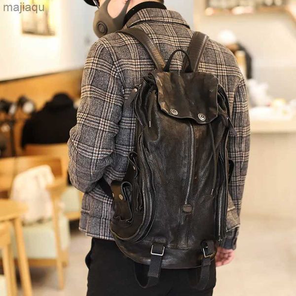 Mochilas Mochila para Hombre Cremallera Retro Bolso Escolar De Hombro De Cuero Viejo Bolso para Teléfono Móvil Moda Viento Oscuro Suave Mochilas De Viaje Negras para Jóvenes