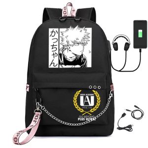 Rugzakken mijn held Academia Deku Bakugou Bok Anime USB Backpack School Book Tassen Fans Travel Bags Laptop -hoofdtelefoon