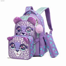 Rugzakken Nieuwe Cartoon Cat Series Purple Childrens Three Pally School Backpack met lunchtas en potloodkast WX