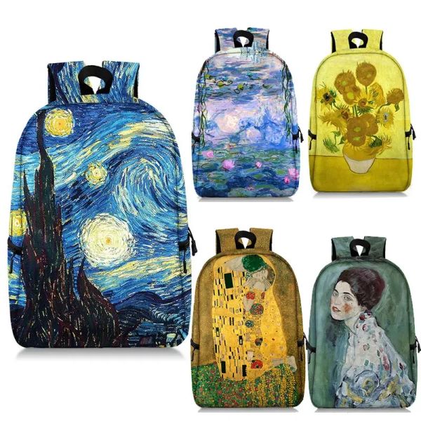 Sac à dos peinture à l'huile par Claude Monet Gustav Klimt Van Gogh Backpack Starry Night Sunflower Kiss Schoolbags Women Travel ordinateur portable Book
