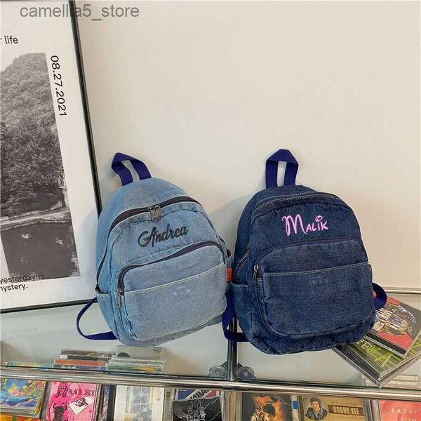 Mochilas Mochila de mezclilla con bordado personalizado Mochila Jean para mujer Mochila Jeans Mochila para estudiantes Mochila escolar de viaje Bolsa de hombro Q231108