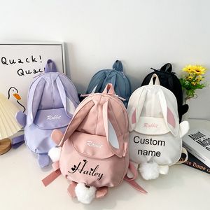 Mochilas Mochila personalizada de conejito Kawaii para niñas con lindas orejas de conejo y colgante de oso esponjoso Mochila escolar para niños 230906