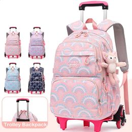 Mochilas Mochila escolar con ruedas para niña, mochila escolar impermeable para niños, carrito de mano para escuela secundaria, 231214