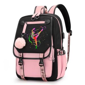 Rugzakken waterverf gymnastiek schooltassen voor tienermeisjes USB Port Schoolbag Dance Girls Student Book Tag Pink Black School Backpacks