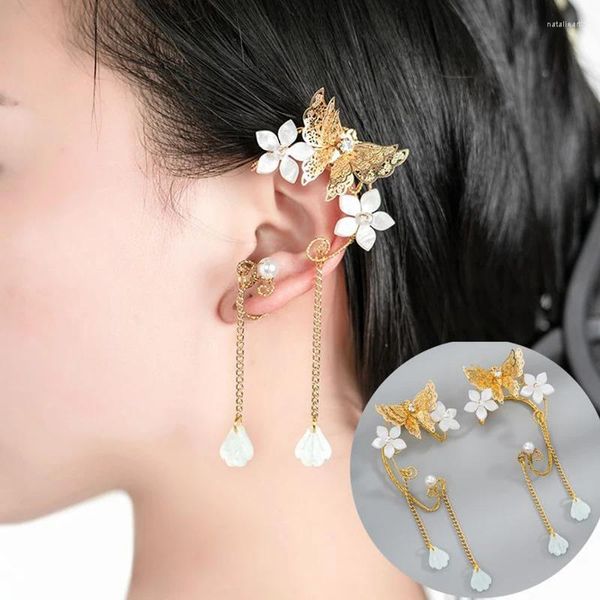 Boucles d'oreilles dos 1/2 pièces Chic papillon fleur oreille manchette couleur or gland Cosplay fée Clip sur pour femmes filles mariage Earcuff bijoux