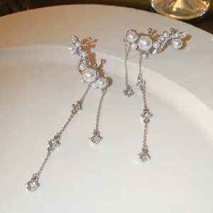 Boucles d'oreilles à dos 1 paire de clips d'oreille de gland de perle de couleur argentée pour les femmes mode aile en métal liquide sans perçage bijoux de manchette à longue chaîne 2024