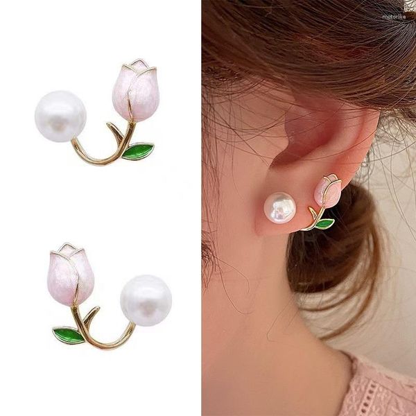 Dos boucles d'oreilles 1 paire lumière luxe rose tulipe perle Clip pour femmes tempérament Style coréen filles fête décoration