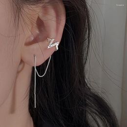 Pendientes traseros, 1 pieza, Clip para oreja de latido del corazón para mujer, Color plateado, borla ondulada, línea de puño, cadena sin perforación, pendiente Kpop, joyería EF048