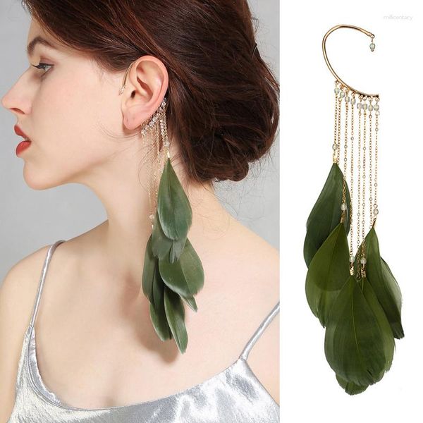 Dos Boucles D'oreilles 1 PC Insolite Bohème Longue Plume Manchette Clip Sur Pour Les Femmes Perles Chaîne À La Main Grand Dangling Oreille Poignets Jewerly