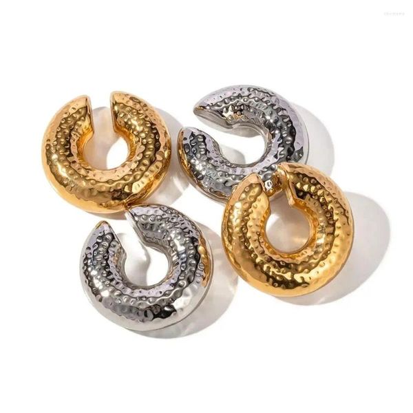 Pendientes traseros 5 pares de aretes de clip de círculo redondo martillado grueso de acero inoxidable para mujer Chapado en oro en forma de C Ear Cuff Stud Tube grueso