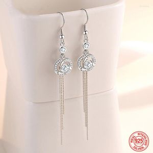 Boucles d'oreilles Backs 925 Sterling Silver Round Zircon Long Tassel Dangle Pour Femmes Charme Bijoux