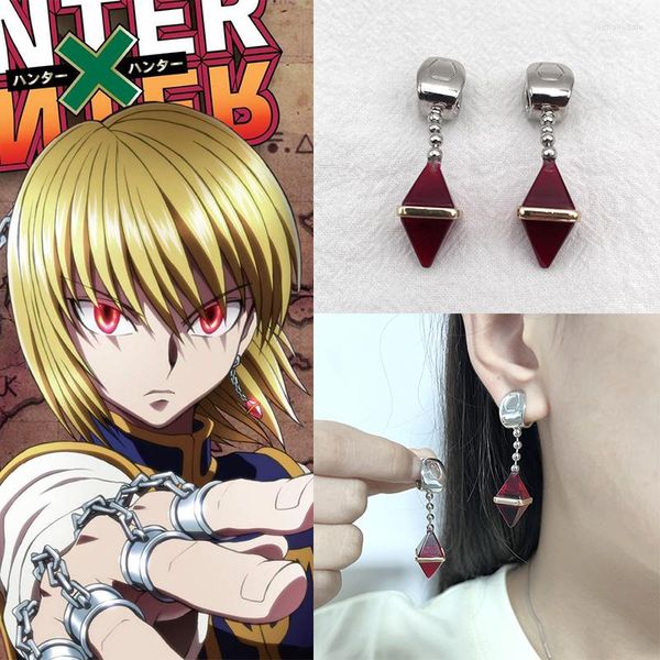 Pendientes traseros Anime X Kurapika Cosplay para Mujeres Hombres piedra roja gota oreja Clip joyería regalo de Navidad