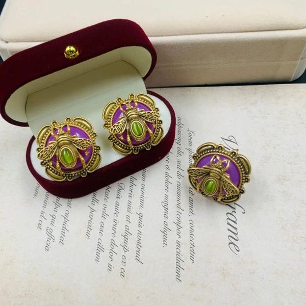 Pendientes traseros con marcado antiguo de abeja púrpura, anillo de aguja de plata auténtica Aukin 925, Clip para oreja, joyería doble estéreo para mujer, tendencia 2024