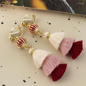 Boucles d'oreilles à dos pour célébrer l'année sans trous d'oreille, Style chinois, longues lanternes rouges, glands à clipser pour fête pour femmes