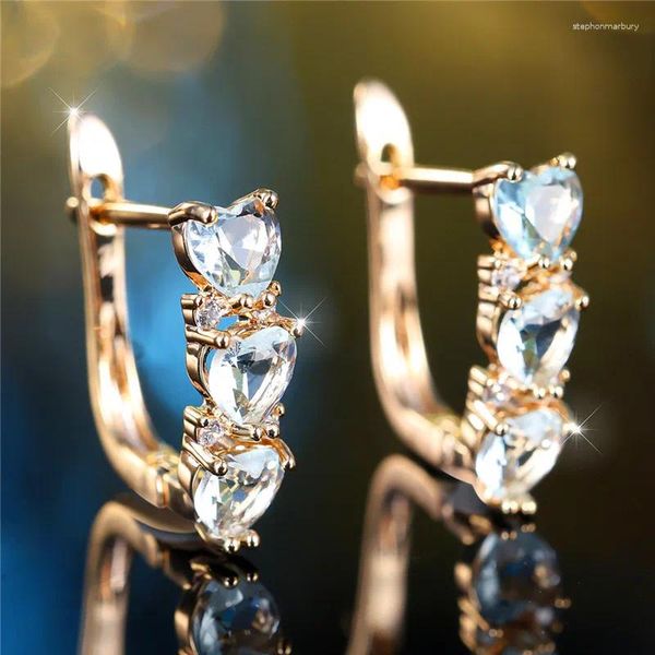 Pendientes de espalda Linda hembra Pequeña azul claro Circón Stone Corazón CLIP CLIME GOLD Color Joyería de boda para mujeres