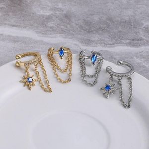 Dos Boucles D'oreilles Double Chaîne Clip Sur Pour Les Femmes Style Français Bleu Zircon Étoile Oreille Manchette Or Couleur Cartilage Faux Piercing Bijoux KCE203