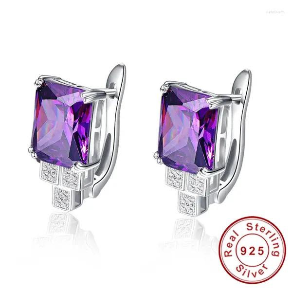 Boucles d'oreilles à dos élégant 8.15g, Clip de perçage violet, Design pour femmes, clous d'oreille en pierre d'améthyste, argent 925, bijoux de fête de mariage