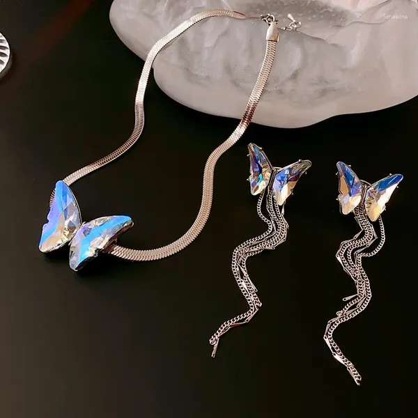 Boucles d'oreilles dos Design de mode cristal papillon gland oreille pince collier ensemble créativité personnalité femme serpent os chaîne bijoux