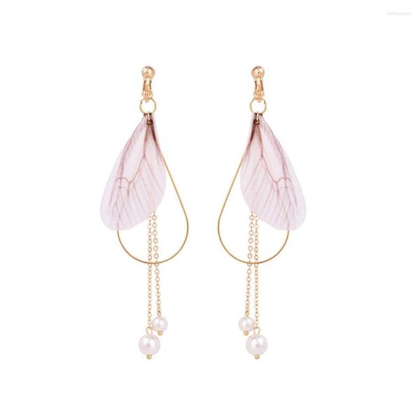 Dos boucles d'oreilles mode oreille Clip libellule aile gland perle grand creux eau Loog conception pour femme sans Piercing bijoux