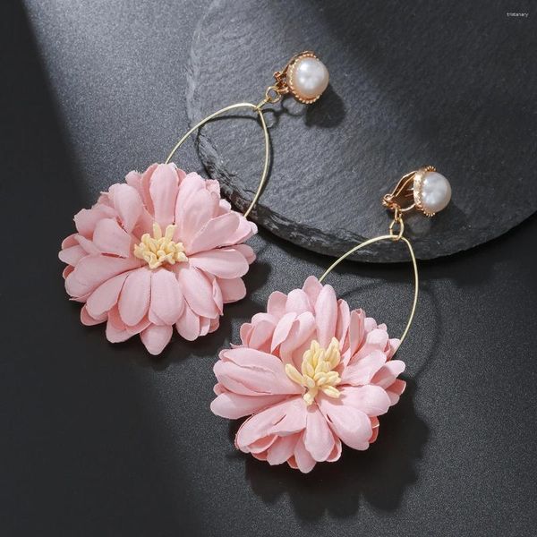 Pendientes traseros moda flor rosa Clip largo en 2023 diseños Bohemia hecho a mano pétalos Clips para las orejas para regalo de mujer