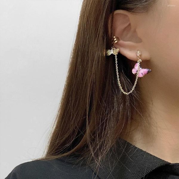 Boucles d'oreilles à dos Punk couleur or, Clip papillon mignon coloré pour femmes, longue chaîne, anneau de nez, bijoux d'oreille cadeau 2023