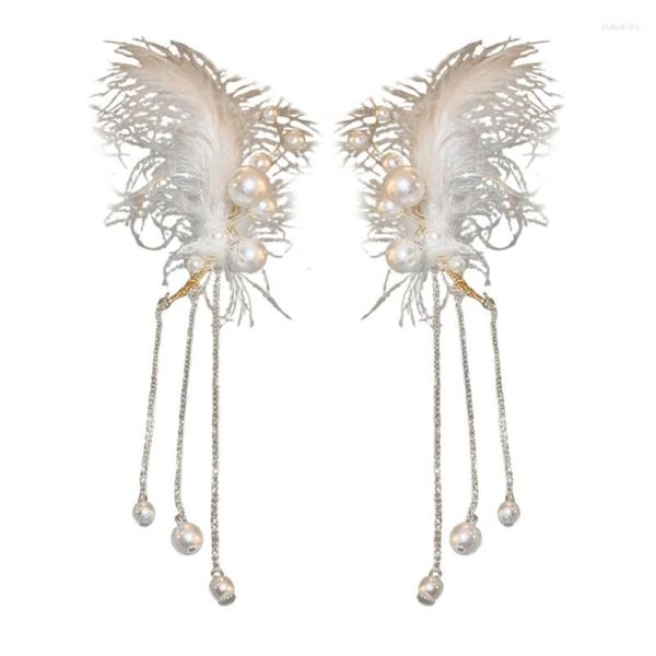 Pendientes traseros moda pluma blanca Clip elegante perla borla larga oreja brazalete joyería regalo Simple trepador envoltura gota