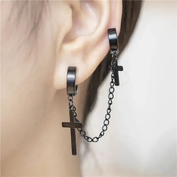 Boucles d'oreilles à dos pour filles, Clip sur chaîne, croix en titane et acier, clou coréen pour femmes et hommes