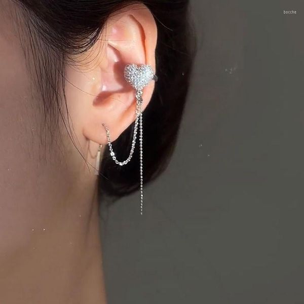 Pendientes traseros Diamante completo Amor Pendientes de tuerca Clips Clip de hueso perforado de una pieza Temperamento Borla larga en forma de corazón