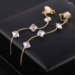 Dos Boucles D'oreilles Grace Jun Top Qualité Or Couleur Carré CZ Long Clip Sur Sans Piercing Pour Les Femmes Parti Charme Oreille