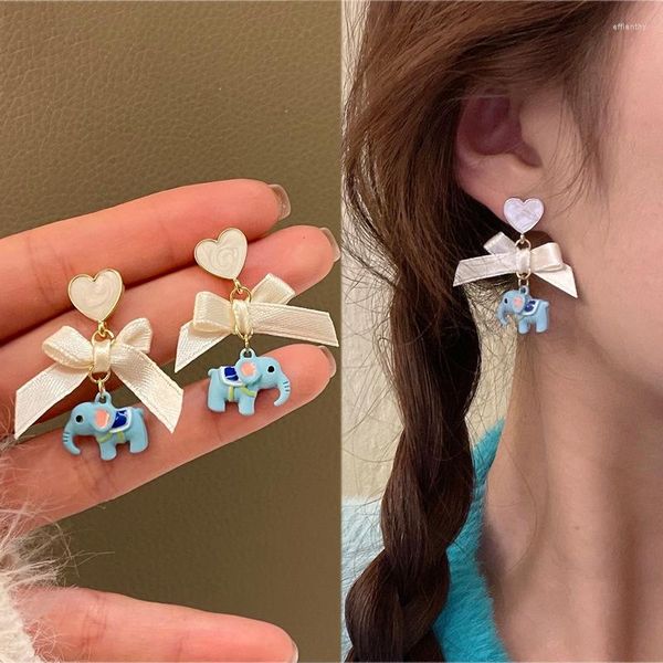 Pendientes traseros Estilo japonés Animal lindo Elefante azul Clip Dulce lazo de cinta Sin piercing Orejas Agujero para niñas Regalos