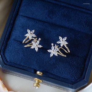 Dos Boucles d'Oreilles Coréenne Mode Bijoux Exquis Or Véritable 14K Zircon Pas d'Oreilles Percées Clip d'Oreille Doux Fleurs Femme Quotidien Sauvage