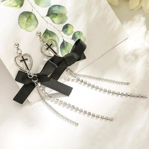 Dos boucles d'oreilles Style coréen Harajuku noir arc oreille Clip femme croix gland Long strass sur pour les femmes fête