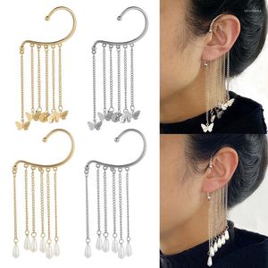 Dos Boucles D'oreilles Long Gland Géométrique Imitation Perle Chaîne Clip Pas Percé Oreille Manchette Cartilage Élégant Femme Femmes Bijoux