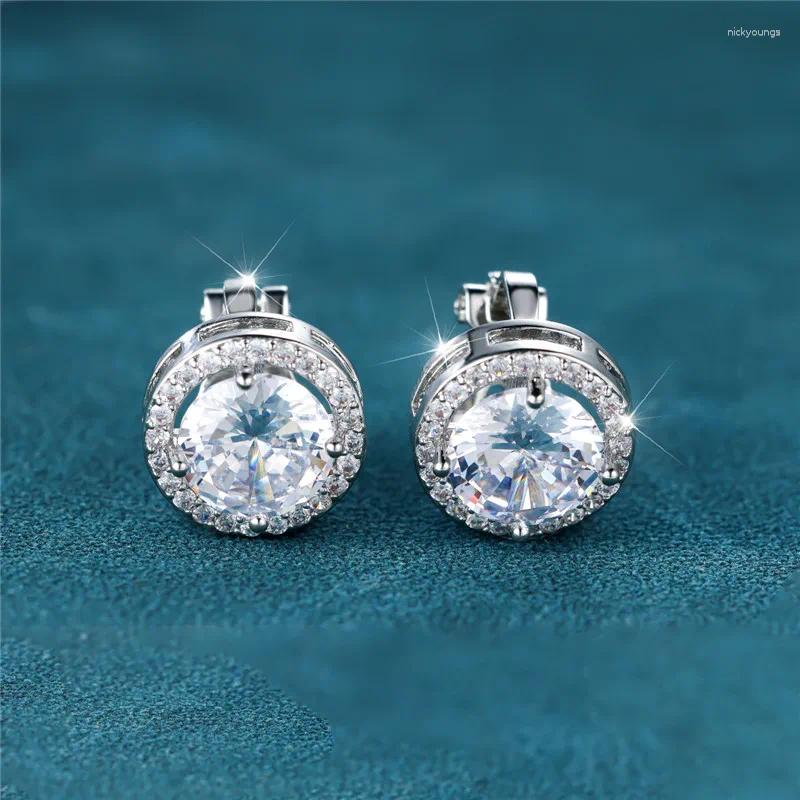 Pendientes traseros Pendientes de circonio blanco de cristal de lujo Clip de piedra redonda clásico de cuatro garras para mujeres y hombres Joyería de color plata de moda simple