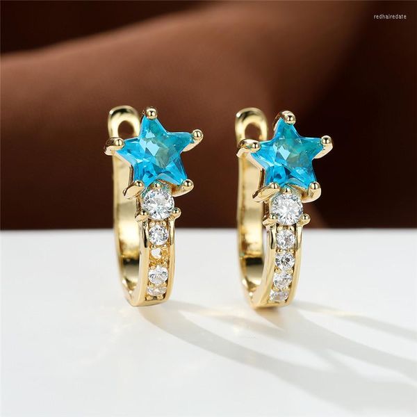 Pendientes traseros de lujo para mujer, piedra de circón azul, Clip clásico de Color oro rosa para mujer, abalorio de estrella de cristal para boda