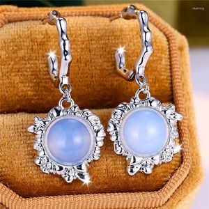 Boucles d'oreilles de luxe pour femmes, rondes, en pierre de lune, Clip, couleur argent, bijoux de mariage pour femmes
