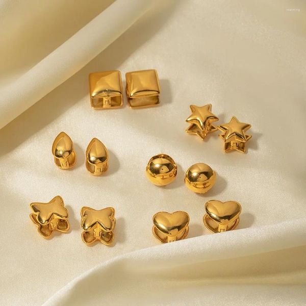 Pendientes traseros Minar Minimalista Estrella Metálica Cuadrada Bola De Corazón Clip Geométrico Para Mujer Pendiente De Acero Inoxidable Chapado En Oro De 18 Quilates