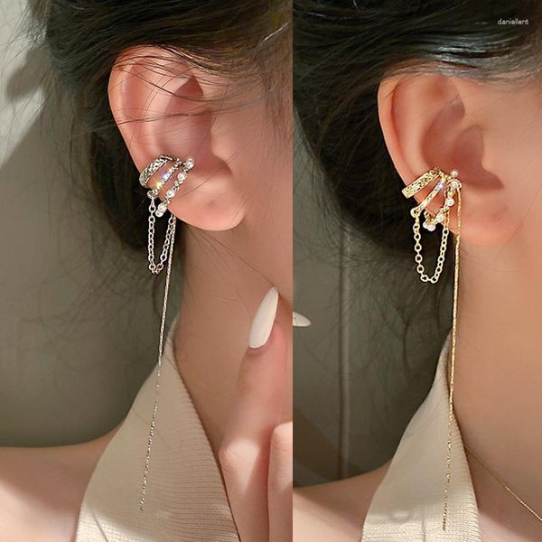 MOWAMUA – boucles d'oreilles à dos, Design inhabituel, 3 couches de pinces, perle, longue chaîne, manchette d'oreille, bijoux tendance pour dames, 2023