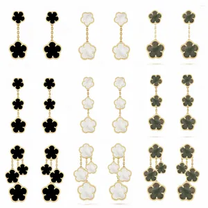 Pendientes traseros de flor de ciruelo para mujer, joyería de trébol de cuatro hojas, 4/5 hojas, hierba de la suerte, gran gota