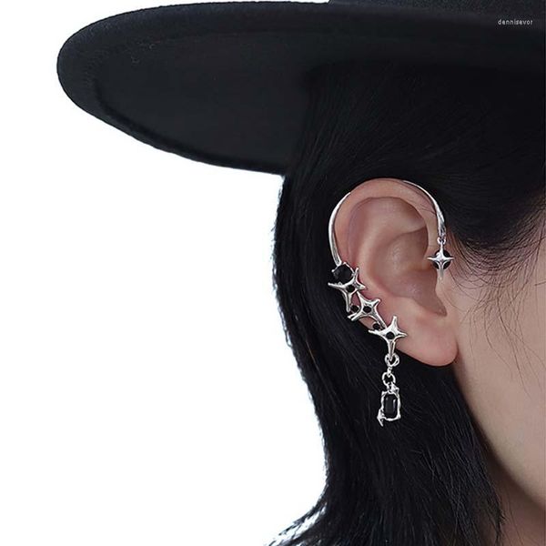 Dos Boucles d'Oreilles Quadruple Étoile Pierre Noire Pince Oreille Incurvée Femme Personnalité Exagération Sans Piercing Accessoires Léger Luxe Hipsters