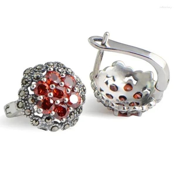 Boucles d'oreilles Backs Real 925 Clip de fleur à la main argent sterling pour les femmes Rouge Garnet Natural Stone Vintage Style Brinco