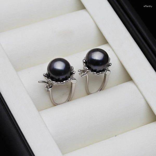 Pendientes traseros Real Black Pearl Clip para mujer Natural Tahitain 925 Silver Round Earring Wedding